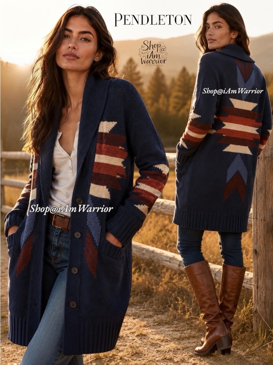 Pendleton Sweaters - Pendleton Navy Southwestern Geometric Long Button Shawl Collar Cardigan Sweater